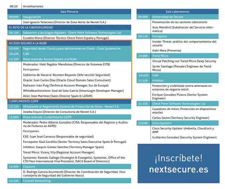 Agenda de NextSecure. Evento de Ciberseguridad.